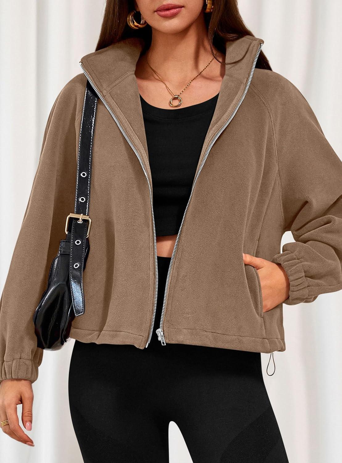 imagePRETTYGARDEN Womens 2026 Winter Fleece Sherpa Jacket Trendy Long Sleeve Zip Up Cropped Warm Coat Fall Fashion Workout ClothesKhaki