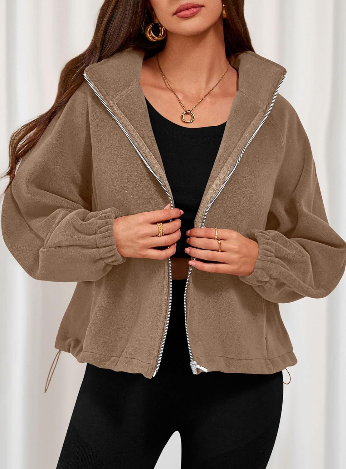 imagePRETTYGARDEN Womens 2026 Winter Fleece Sherpa Jacket Trendy Long Sleeve Zip Up Cropped Warm Coat Fall Fashion Workout ClothesKhaki