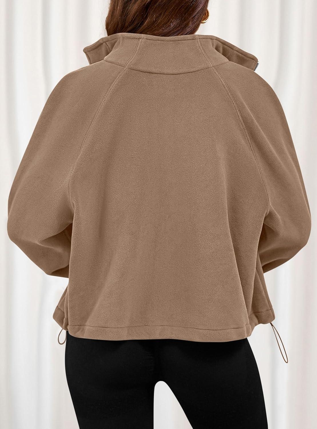 imagePRETTYGARDEN Womens 2026 Winter Fleece Sherpa Jacket Trendy Long Sleeve Zip Up Cropped Warm Coat Fall Fashion Workout ClothesKhaki