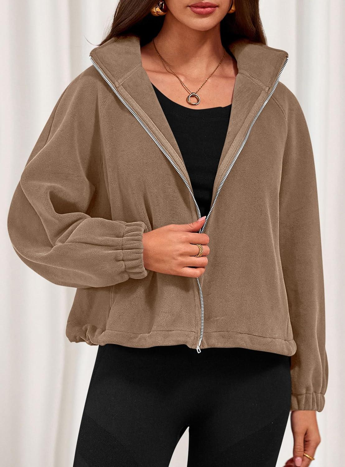 imagePRETTYGARDEN Womens 2026 Winter Fleece Sherpa Jacket Trendy Long Sleeve Zip Up Cropped Warm Coat Fall Fashion Workout ClothesKhaki