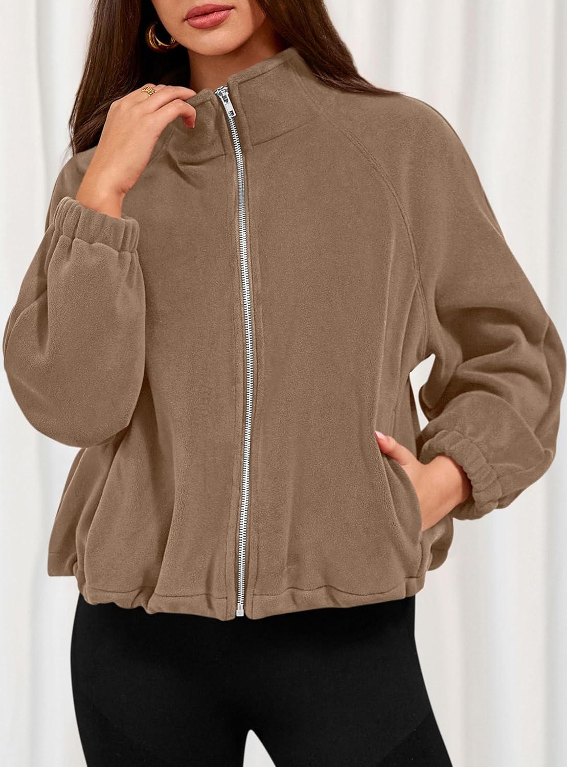 imagePRETTYGARDEN Womens 2026 Winter Fleece Sherpa Jacket Trendy Long Sleeve Zip Up Cropped Warm Coat Fall Fashion Workout ClothesKhaki