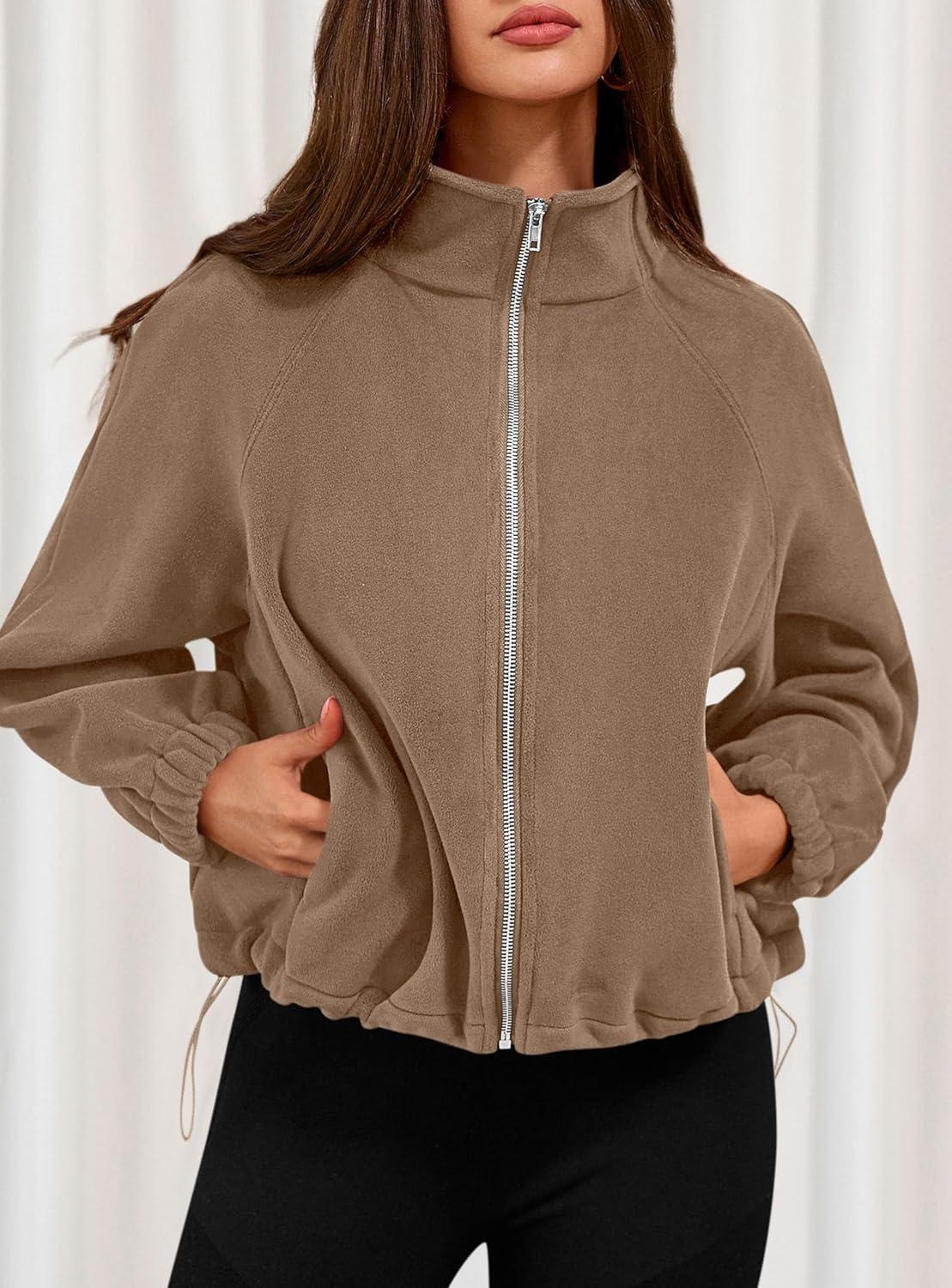 imagePRETTYGARDEN Womens 2026 Winter Fleece Sherpa Jacket Trendy Long Sleeve Zip Up Cropped Warm Coat Fall Fashion Workout ClothesKhaki