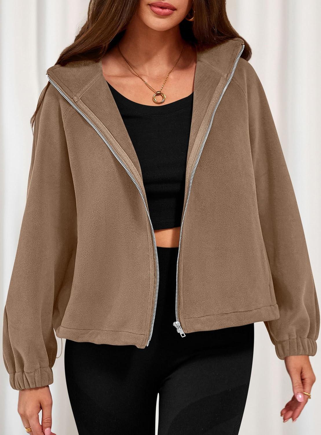 imagePRETTYGARDEN Womens 2026 Winter Fleece Sherpa Jacket Trendy Long Sleeve Zip Up Cropped Warm Coat Fall Fashion Workout ClothesKhaki