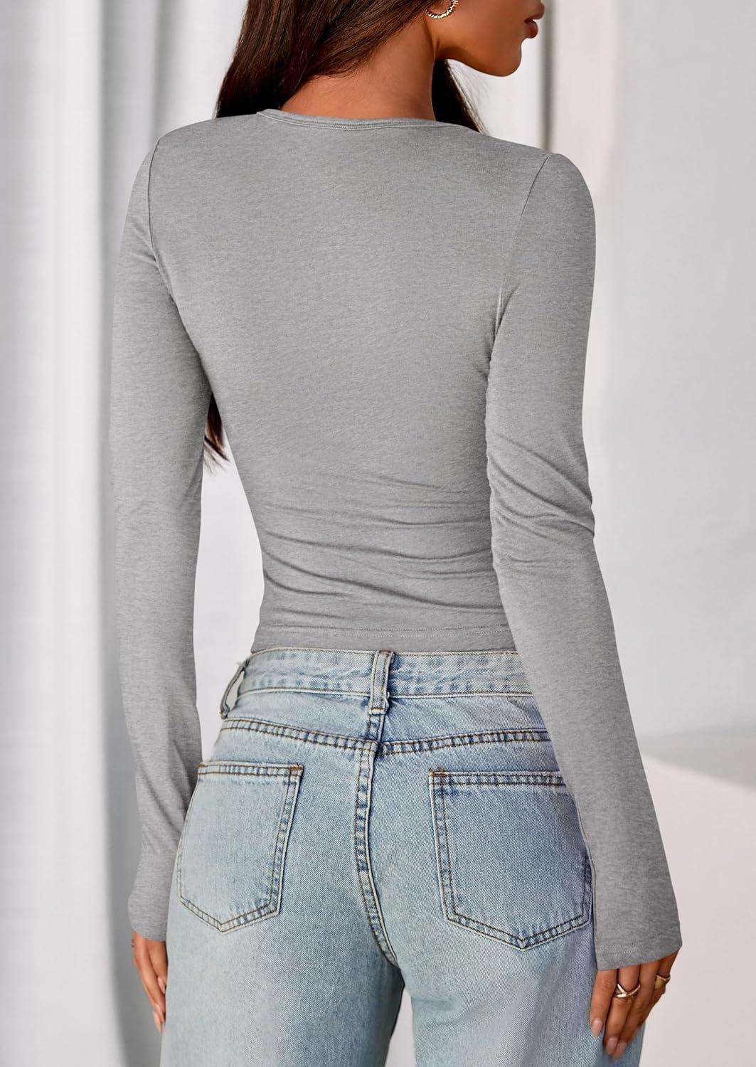 imagePRETTYGARDEN Womens Casual Long Sleeve Tops 2026 Fall Crew Neck Fitted Henley Shirts Basic Tee Blouse Knit Going Out OutfitsGrey