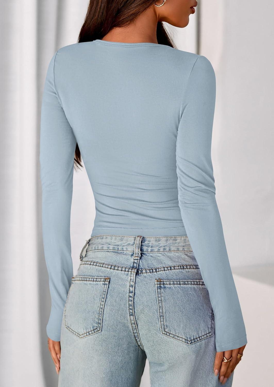 imagePRETTYGARDEN Womens Casual Long Sleeve Tops 2026 Fall Crew Neck Fitted Henley Shirts Basic Tee Blouse Knit Going Out OutfitsSky Blue