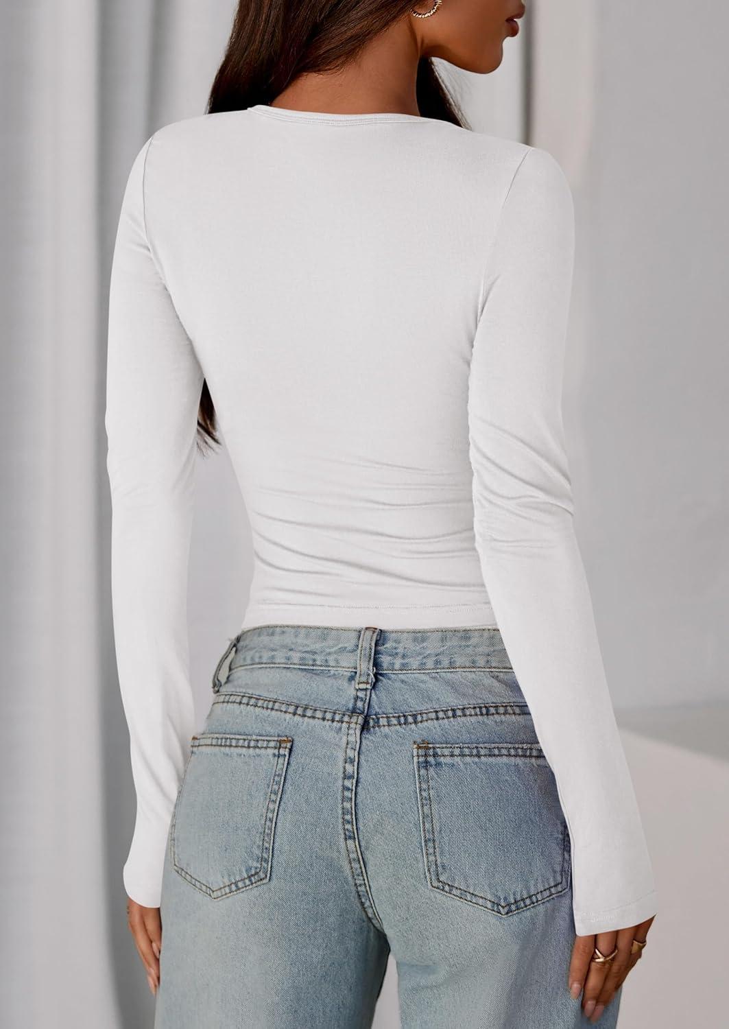 imagePRETTYGARDEN Womens Casual Long Sleeve Tops 2026 Fall Crew Neck Fitted Henley Shirts Basic Tee Blouse Knit Going Out OutfitsWhite