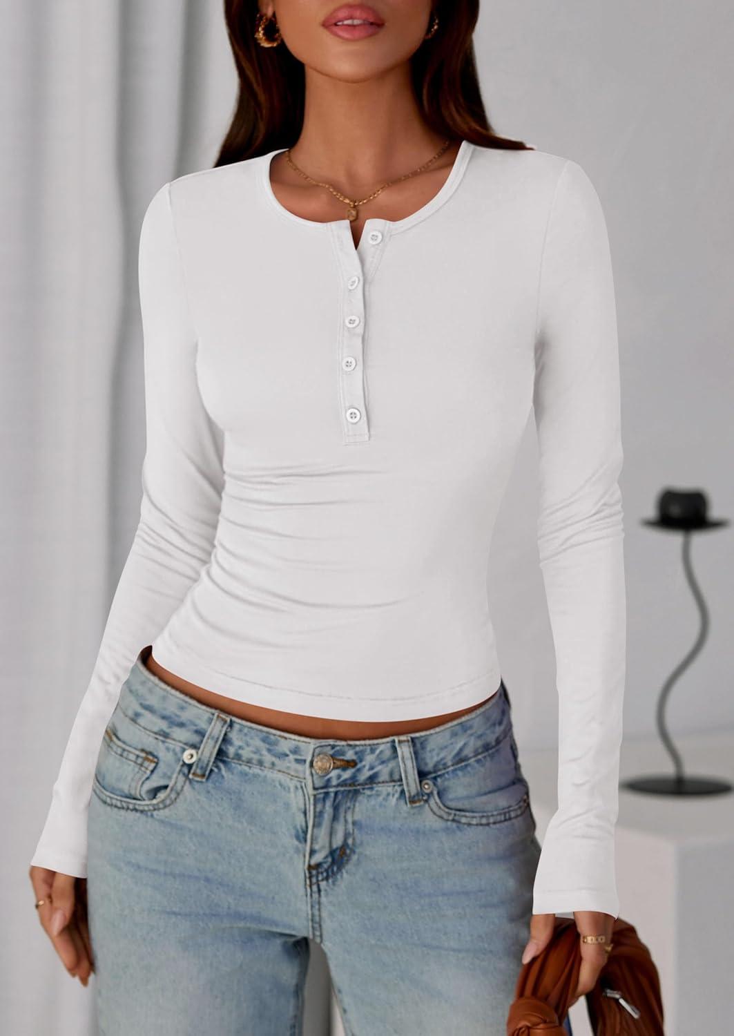 imagePRETTYGARDEN Womens Casual Long Sleeve Tops 2026 Fall Crew Neck Fitted Henley Shirts Basic Tee Blouse Knit Going Out OutfitsWhite