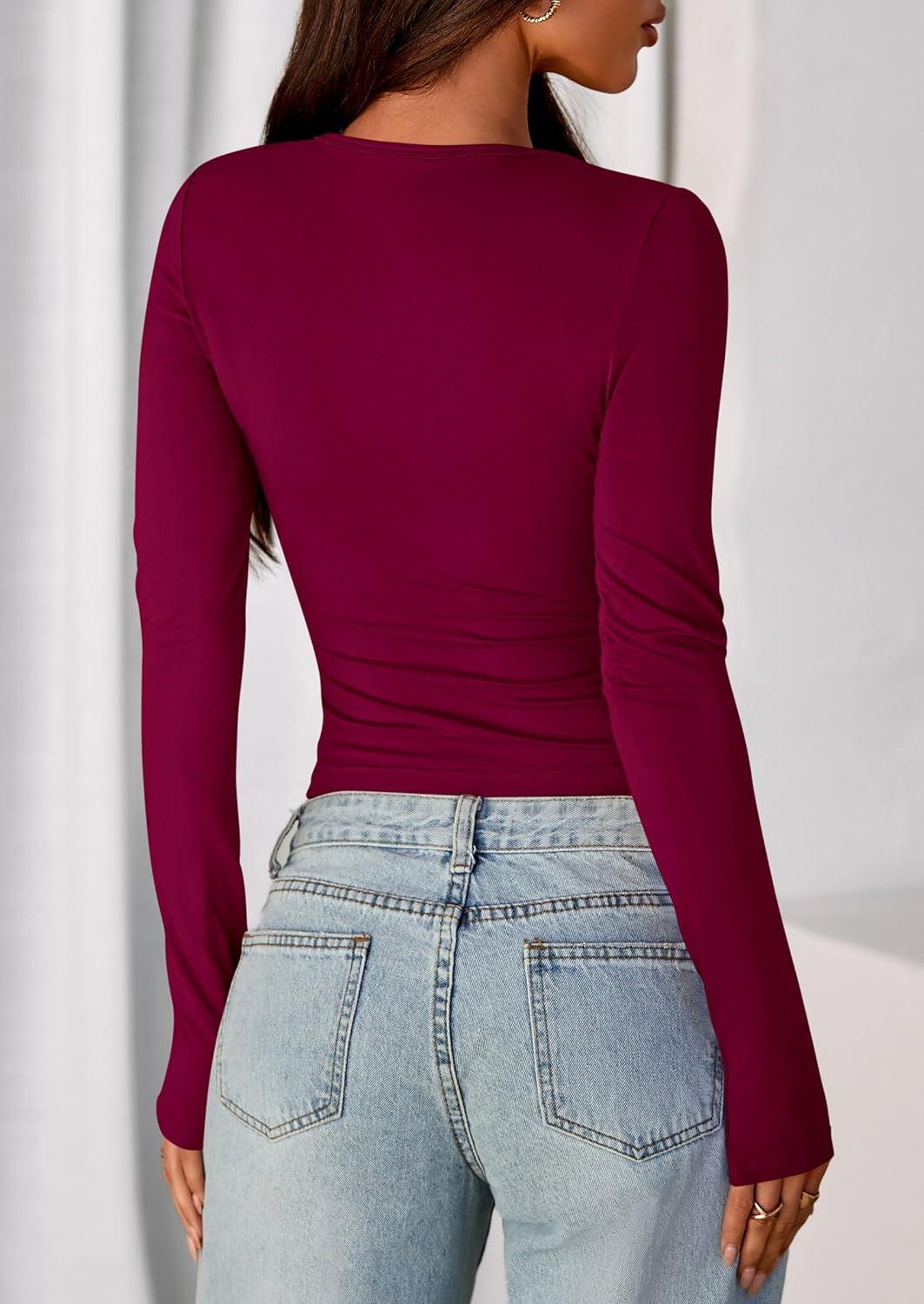 imagePRETTYGARDEN Womens Casual Long Sleeve Tops 2026 Fall Crew Neck Fitted Henley Shirts Basic Tee Blouse Knit Going Out OutfitsWine Red