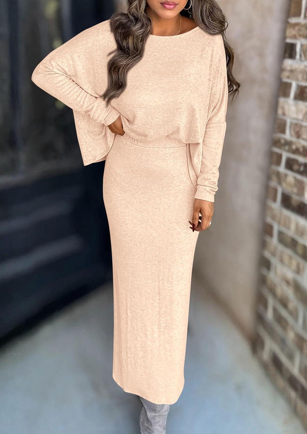 imagePRETTYGARDEN Womens Fall 2026 Two Piece Matching Skirt Sets Long Sleeve Tops Maxi Long Slit Bodycon Skirts Vacation OutfitsApricot