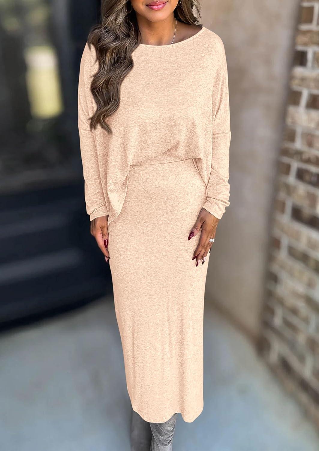 imagePRETTYGARDEN Womens Fall 2026 Two Piece Matching Skirt Sets Long Sleeve Tops Maxi Long Slit Bodycon Skirts Vacation OutfitsApricot