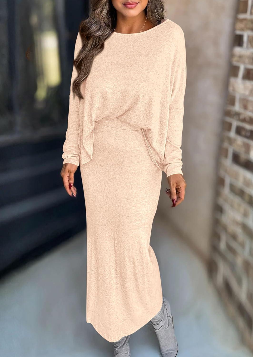imagePRETTYGARDEN Womens Fall 2026 Two Piece Matching Skirt Sets Long Sleeve Tops Maxi Long Slit Bodycon Skirts Vacation OutfitsApricot