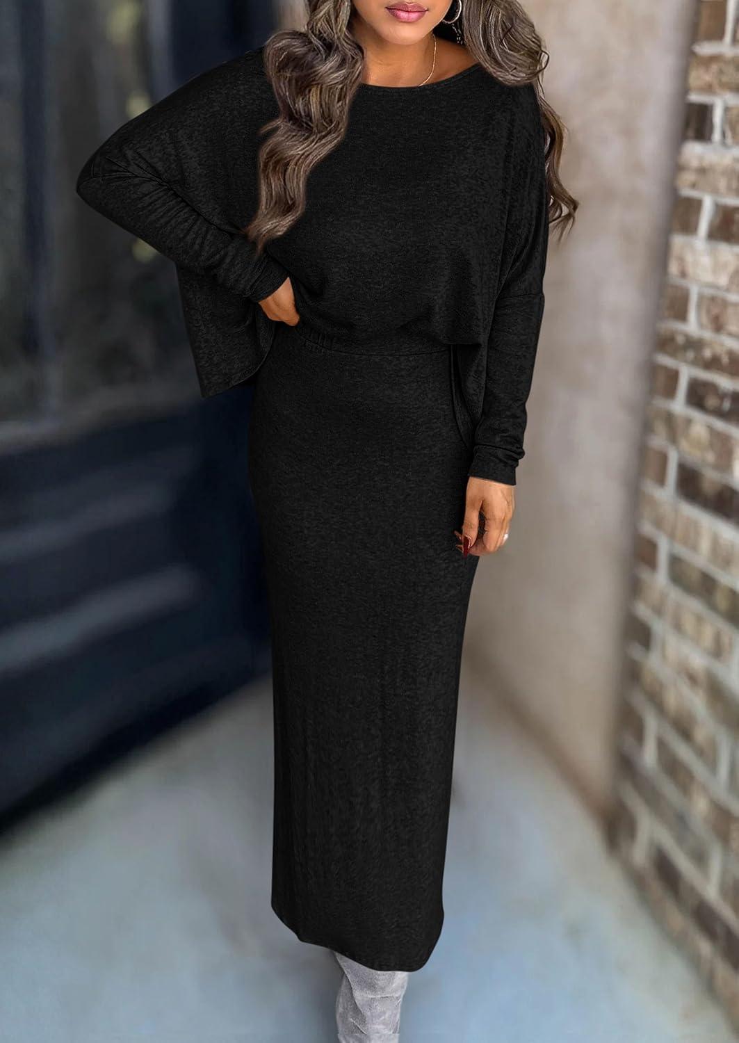 imagePRETTYGARDEN Womens Fall 2026 Two Piece Matching Skirt Sets Long Sleeve Tops Maxi Long Slit Bodycon Skirts Vacation OutfitsBlack