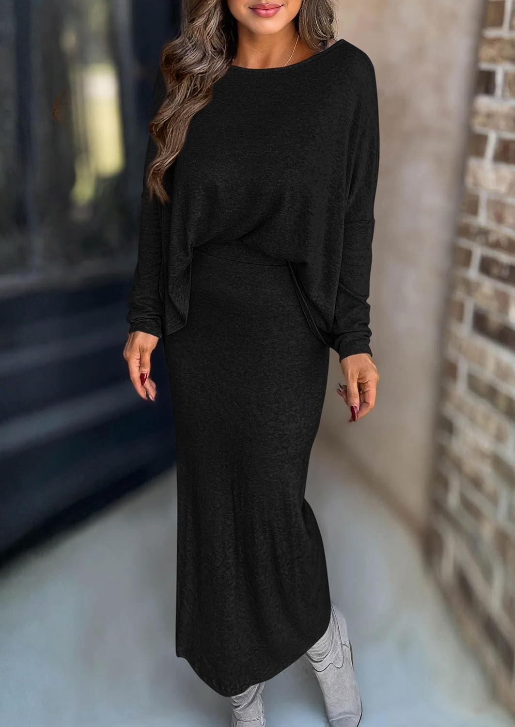 imagePRETTYGARDEN Womens Fall 2026 Two Piece Matching Skirt Sets Long Sleeve Tops Maxi Long Slit Bodycon Skirts Vacation OutfitsBlack