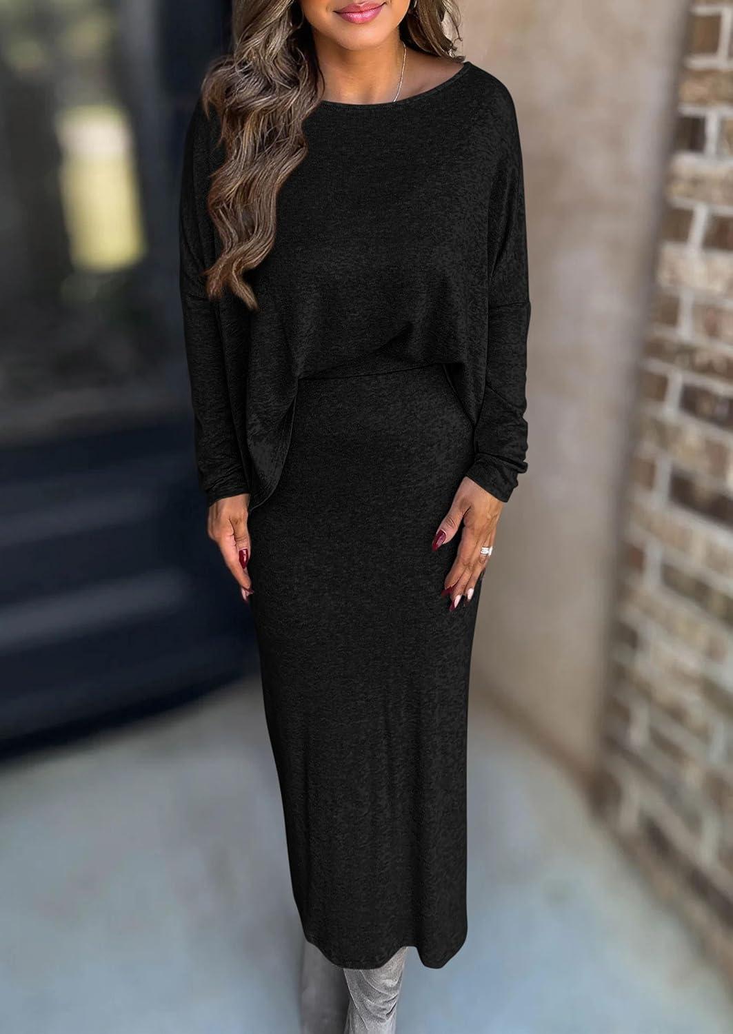 imagePRETTYGARDEN Womens Fall 2026 Two Piece Matching Skirt Sets Long Sleeve Tops Maxi Long Slit Bodycon Skirts Vacation OutfitsBlack
