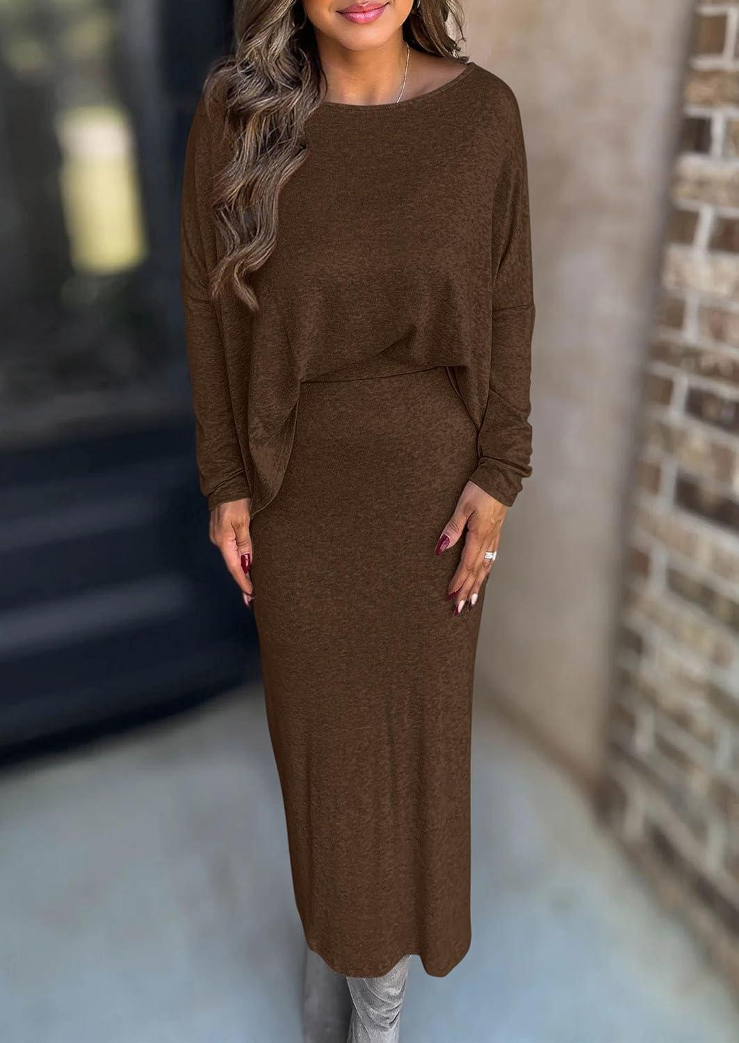imagePRETTYGARDEN Womens Fall 2026 Two Piece Matching Skirt Sets Long Sleeve Tops Maxi Long Slit Bodycon Skirts Vacation OutfitsBrown