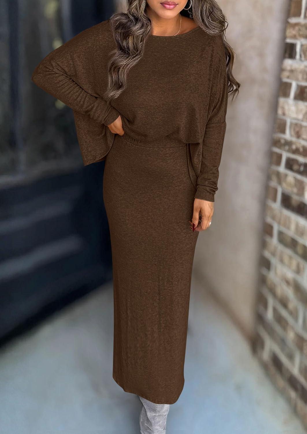 imagePRETTYGARDEN Womens Fall 2026 Two Piece Matching Skirt Sets Long Sleeve Tops Maxi Long Slit Bodycon Skirts Vacation OutfitsBrown