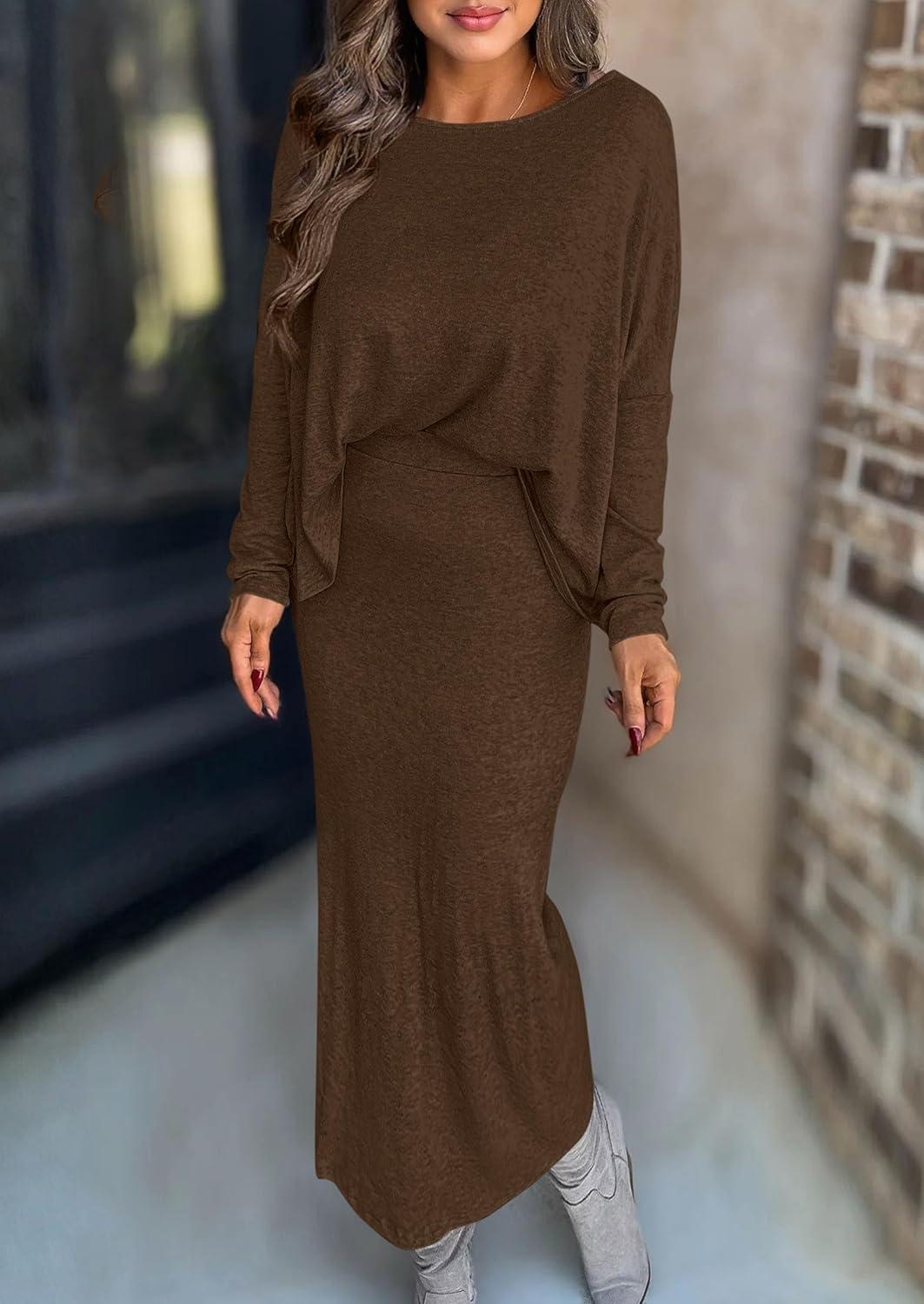 imagePRETTYGARDEN Womens Fall 2026 Two Piece Matching Skirt Sets Long Sleeve Tops Maxi Long Slit Bodycon Skirts Vacation OutfitsBrown