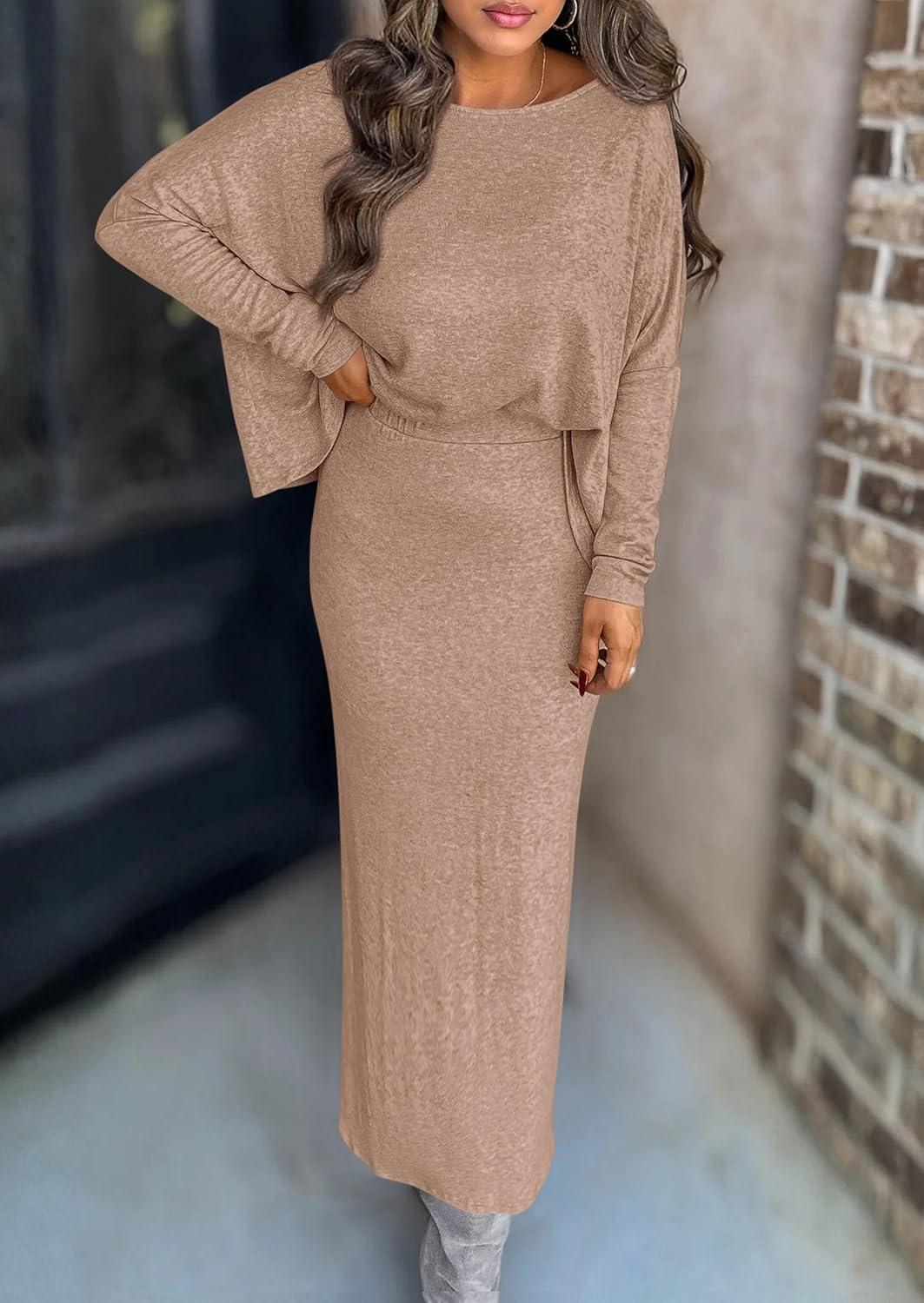 imagePRETTYGARDEN Womens Fall 2026 Two Piece Matching Skirt Sets Long Sleeve Tops Maxi Long Slit Bodycon Skirts Vacation OutfitsKhaki