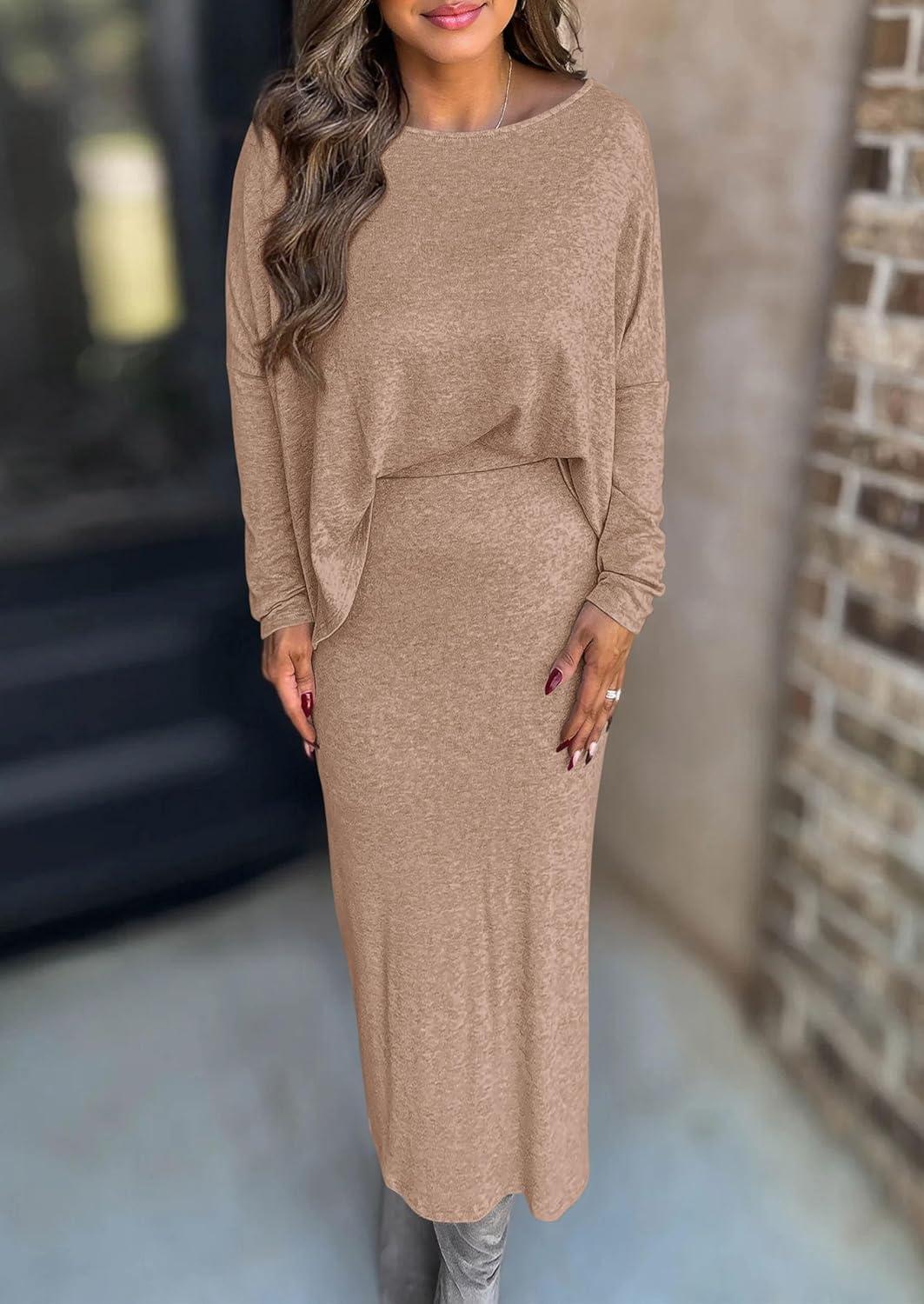imagePRETTYGARDEN Womens Fall 2026 Two Piece Matching Skirt Sets Long Sleeve Tops Maxi Long Slit Bodycon Skirts Vacation OutfitsKhaki