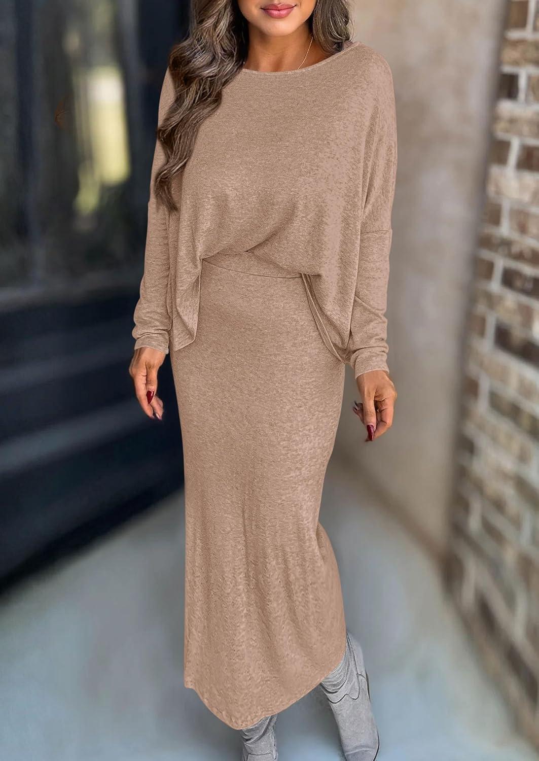 imagePRETTYGARDEN Womens Fall 2026 Two Piece Matching Skirt Sets Long Sleeve Tops Maxi Long Slit Bodycon Skirts Vacation OutfitsKhaki