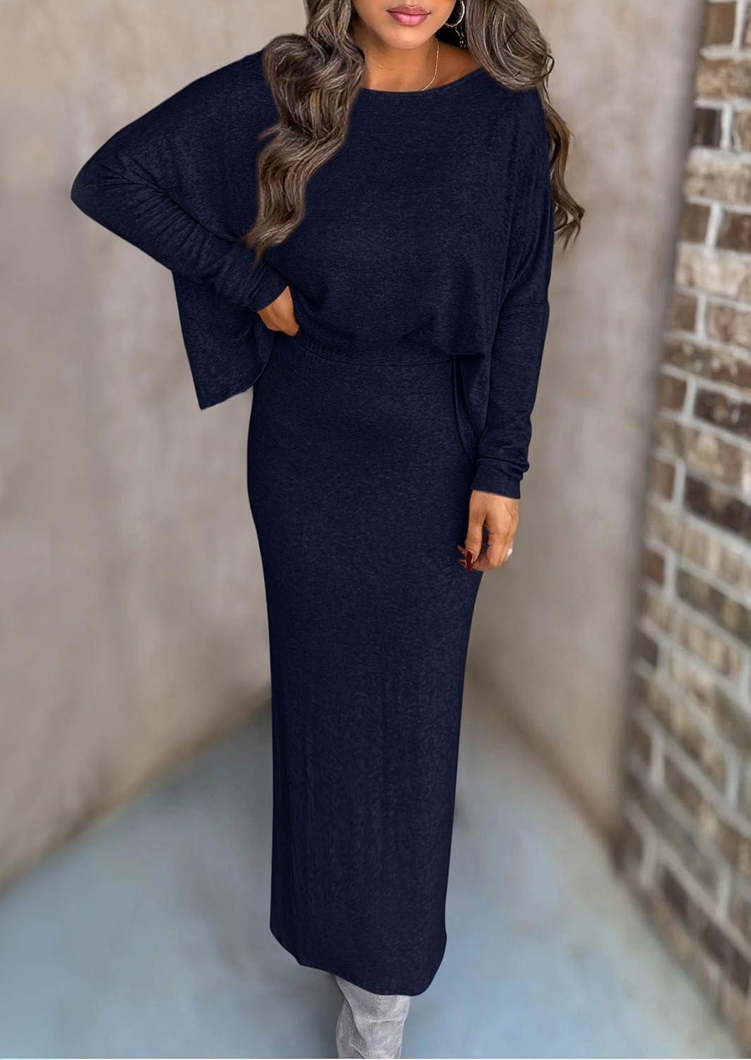 imagePRETTYGARDEN Womens Fall 2026 Two Piece Matching Skirt Sets Long Sleeve Tops Maxi Long Slit Bodycon Skirts Vacation OutfitsNavy Blue