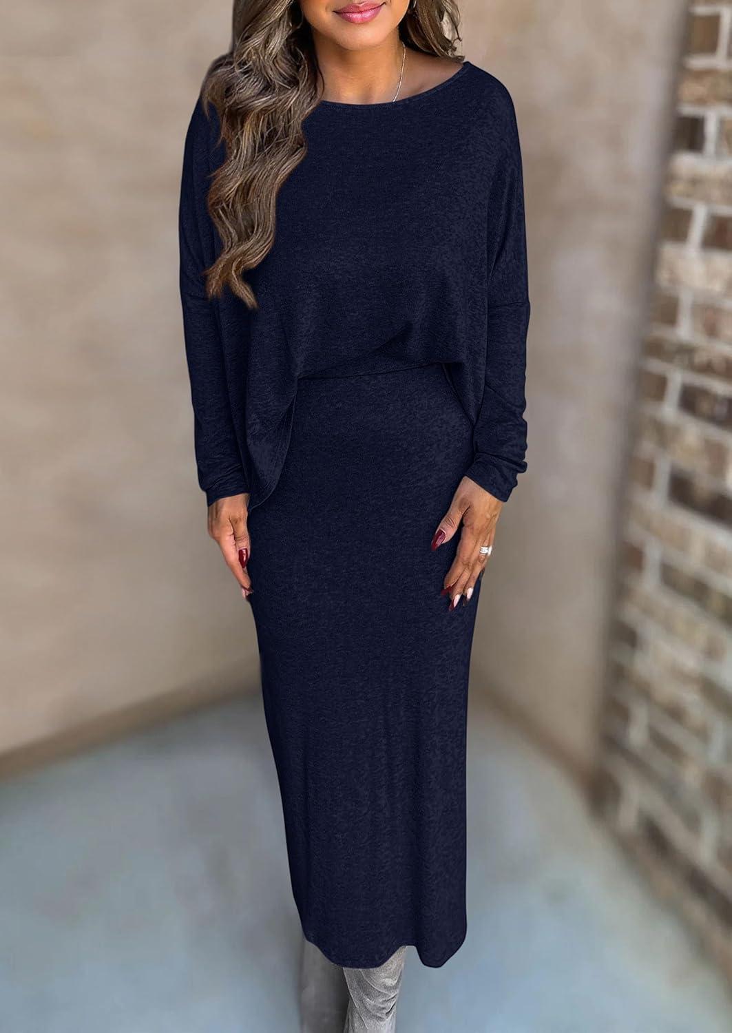 imagePRETTYGARDEN Womens Fall 2026 Two Piece Matching Skirt Sets Long Sleeve Tops Maxi Long Slit Bodycon Skirts Vacation OutfitsNavy Blue