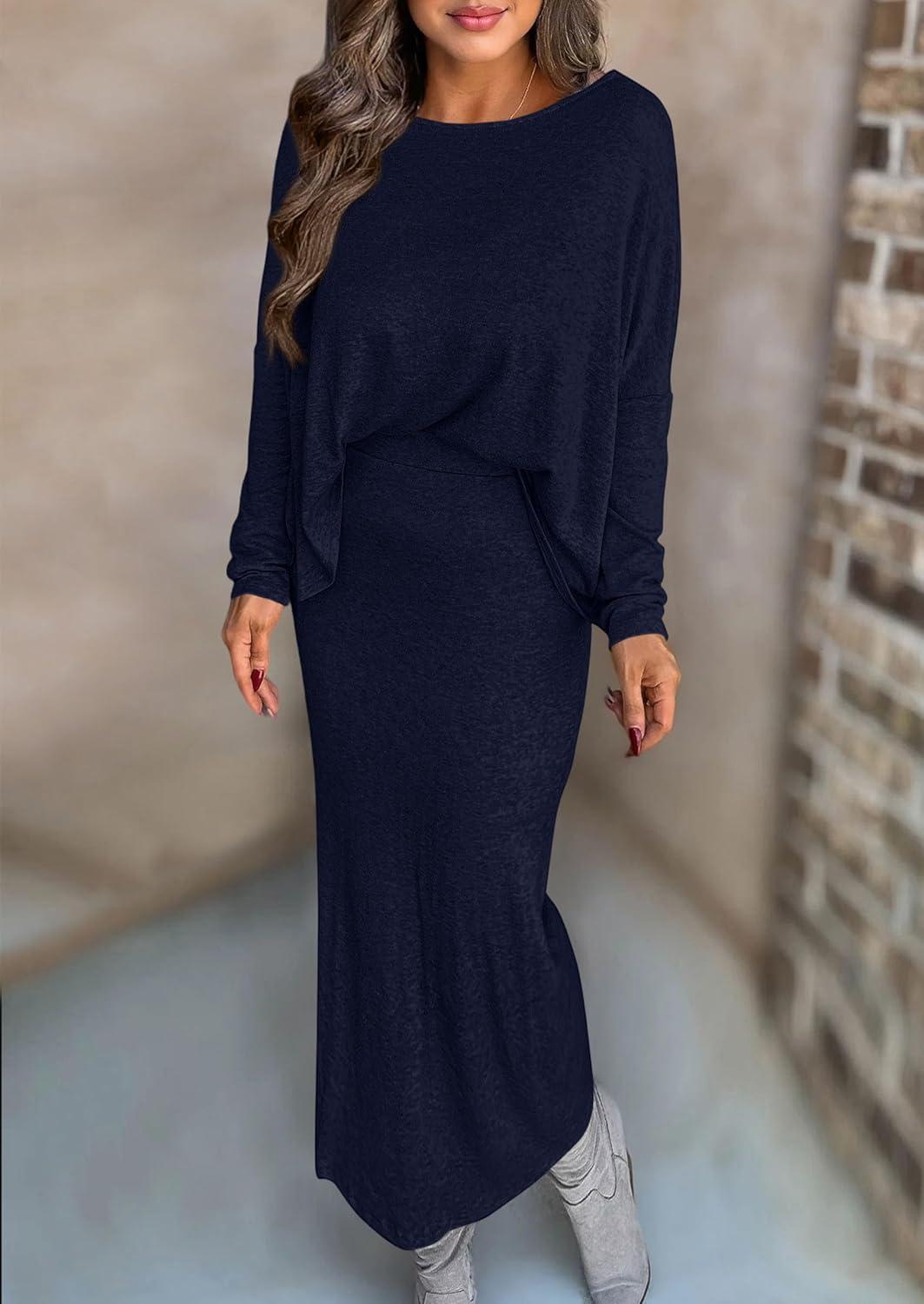 imagePRETTYGARDEN Womens Fall 2026 Two Piece Matching Skirt Sets Long Sleeve Tops Maxi Long Slit Bodycon Skirts Vacation OutfitsNavy Blue