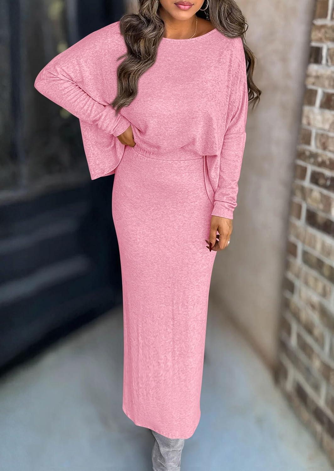 imagePRETTYGARDEN Womens Fall 2026 Two Piece Matching Skirt Sets Long Sleeve Tops Maxi Long Slit Bodycon Skirts Vacation OutfitsPink
