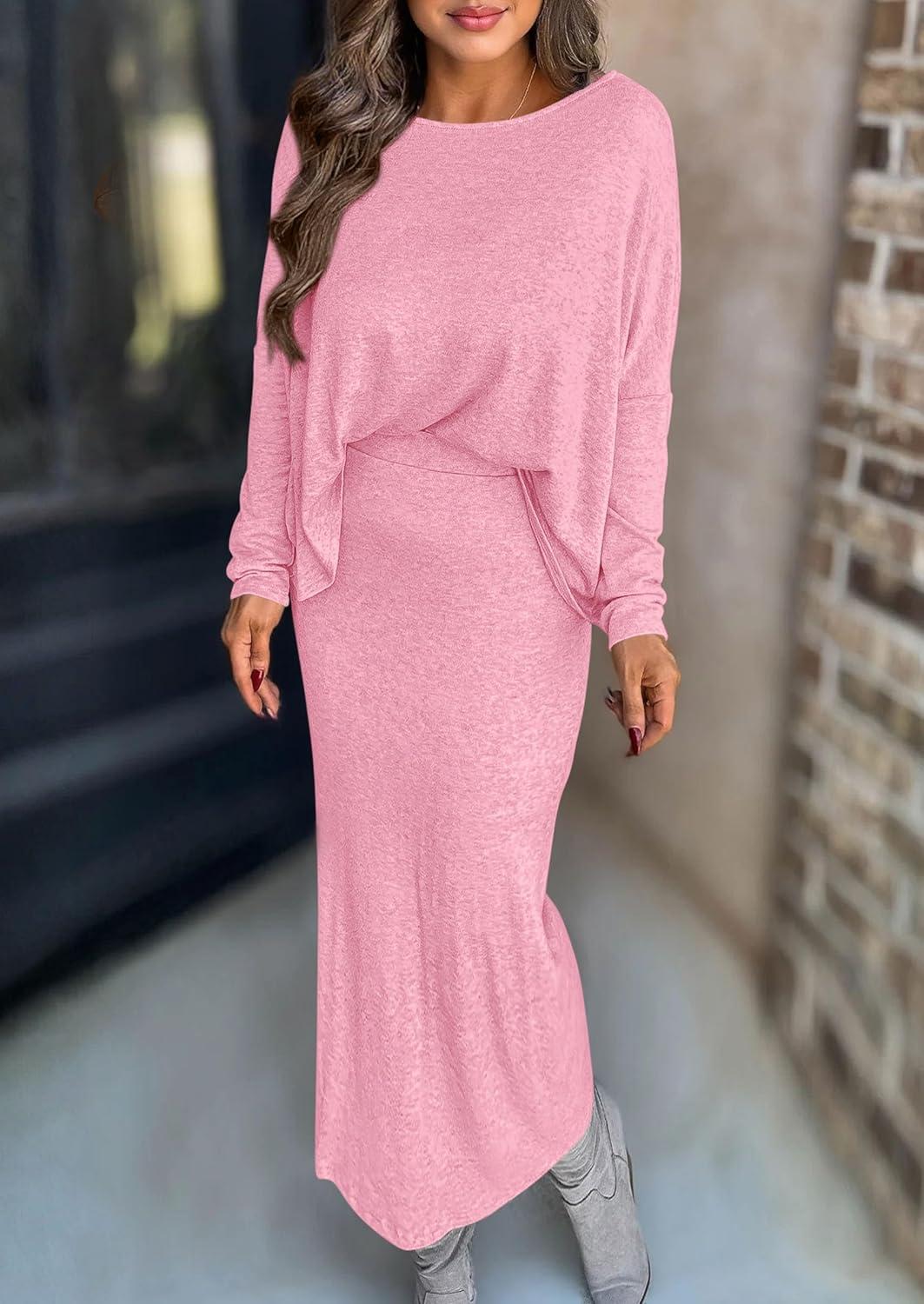 imagePRETTYGARDEN Womens Fall 2026 Two Piece Matching Skirt Sets Long Sleeve Tops Maxi Long Slit Bodycon Skirts Vacation OutfitsPink