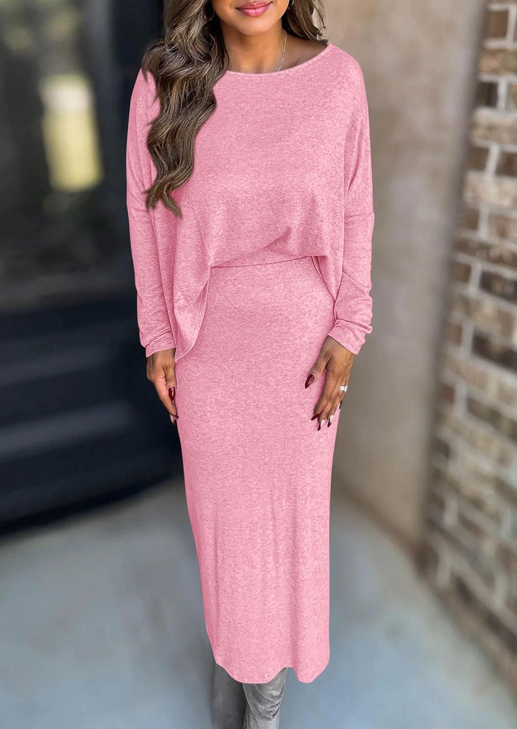 imagePRETTYGARDEN Womens Fall 2026 Two Piece Matching Skirt Sets Long Sleeve Tops Maxi Long Slit Bodycon Skirts Vacation OutfitsPink