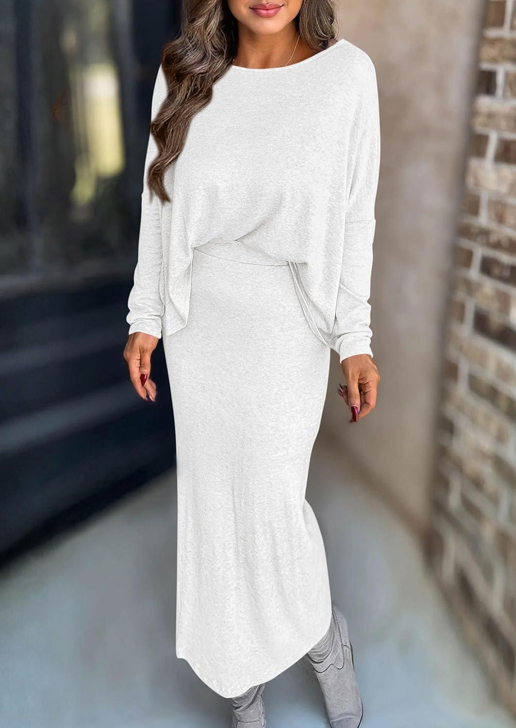 imagePRETTYGARDEN Womens Fall 2026 Two Piece Matching Skirt Sets Long Sleeve Tops Maxi Long Slit Bodycon Skirts Vacation OutfitsWhite