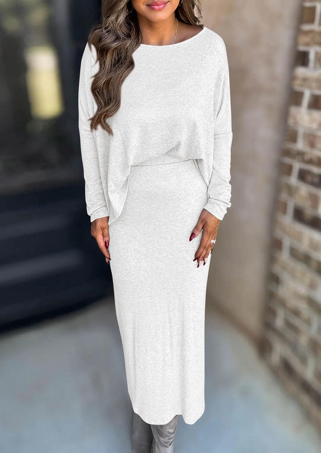 imagePRETTYGARDEN Womens Fall 2026 Two Piece Matching Skirt Sets Long Sleeve Tops Maxi Long Slit Bodycon Skirts Vacation OutfitsWhite