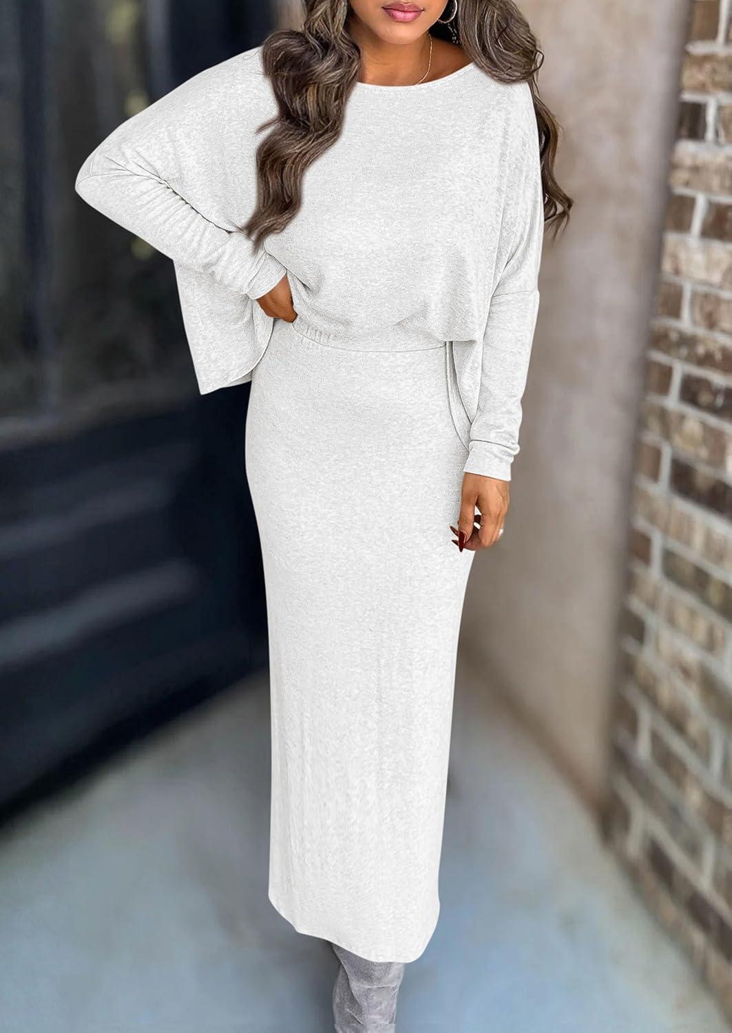 imagePRETTYGARDEN Womens Fall 2026 Two Piece Matching Skirt Sets Long Sleeve Tops Maxi Long Slit Bodycon Skirts Vacation OutfitsWhite