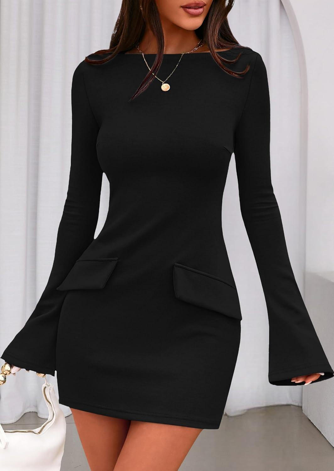 imagePRETTYGARDEN Womens Fall Long Sleeve Mini Dress 2025 Trendy Boat Neck Bodycon Knit Elegant Short Party Formal DressesBlack