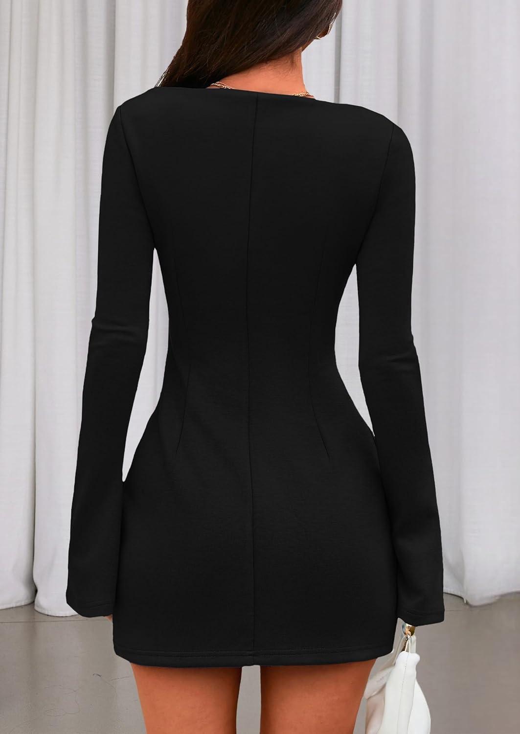 imagePRETTYGARDEN Womens Fall Long Sleeve Mini Dress 2025 Trendy Boat Neck Bodycon Knit Elegant Short Party Formal DressesBlack