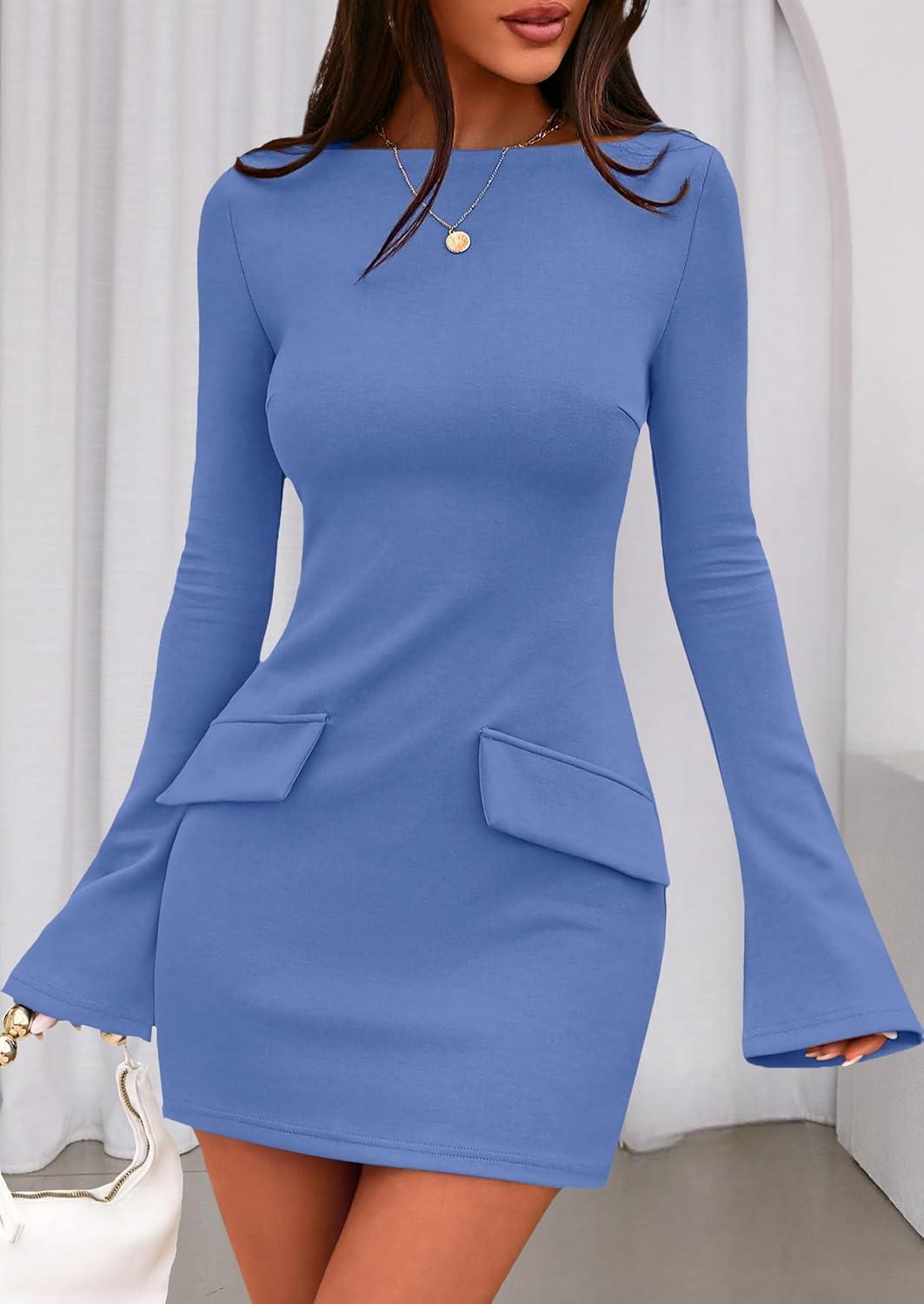 imagePRETTYGARDEN Womens Fall Long Sleeve Mini Dress 2025 Trendy Boat Neck Bodycon Knit Elegant Short Party Formal DressesBlue
