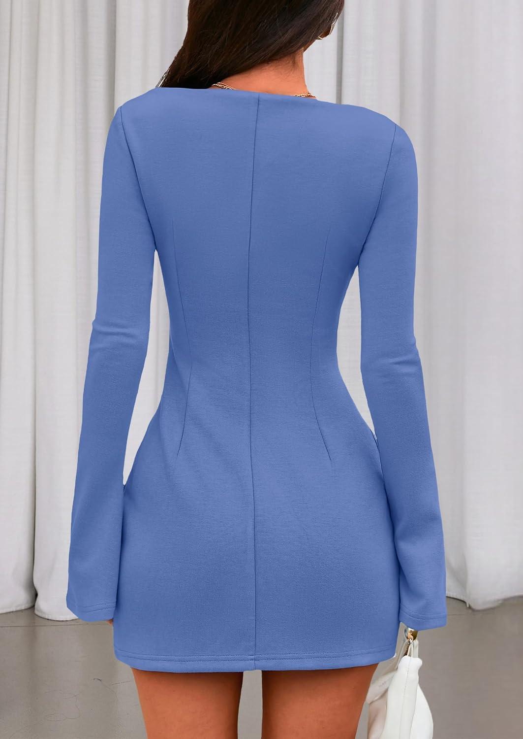 imagePRETTYGARDEN Womens Fall Long Sleeve Mini Dress 2025 Trendy Boat Neck Bodycon Knit Elegant Short Party Formal DressesBlue