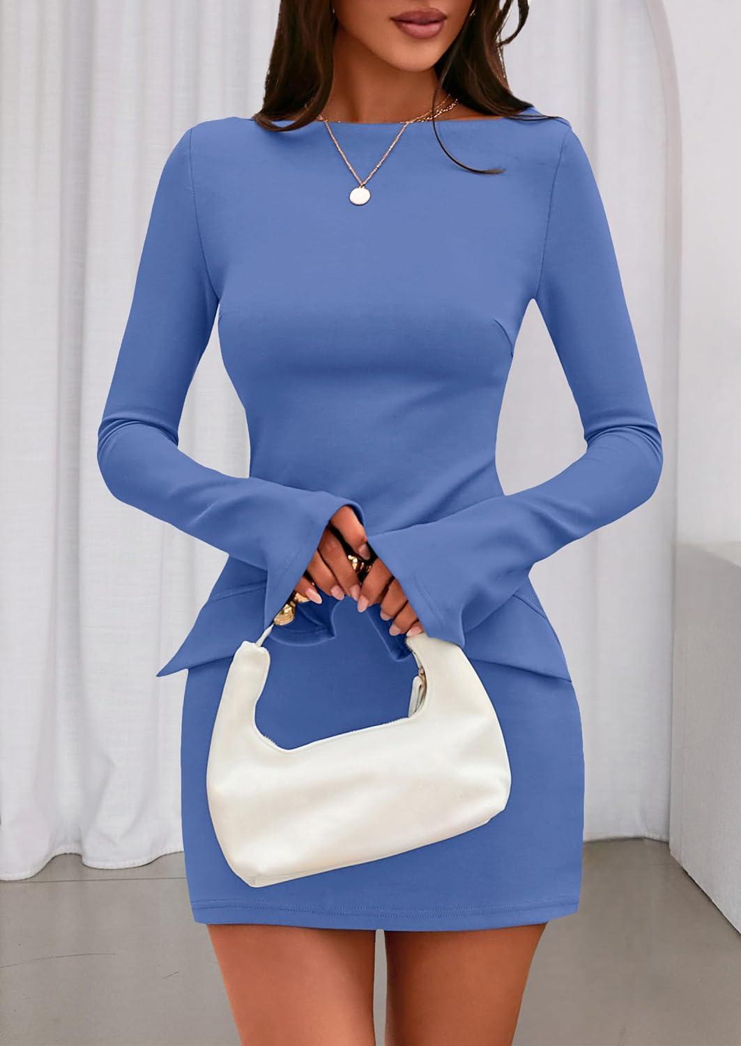 imagePRETTYGARDEN Womens Fall Long Sleeve Mini Dress 2025 Trendy Boat Neck Bodycon Knit Elegant Short Party Formal DressesBlue