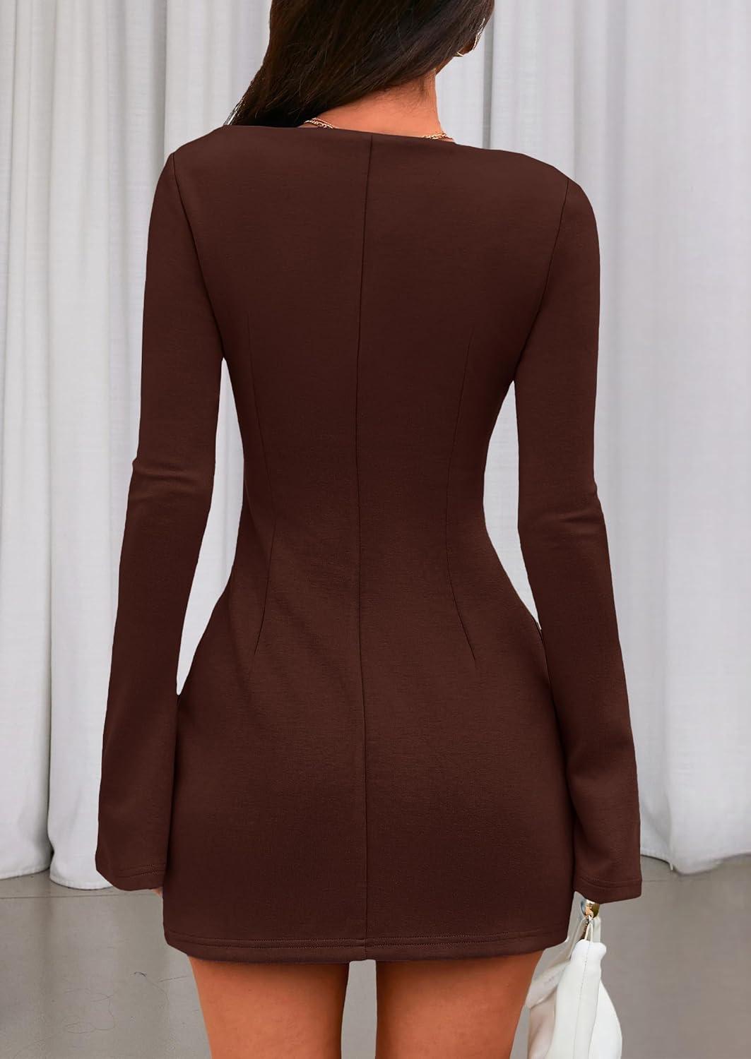 imagePRETTYGARDEN Womens Fall Long Sleeve Mini Dress 2025 Trendy Boat Neck Bodycon Knit Elegant Short Party Formal DressesBrown