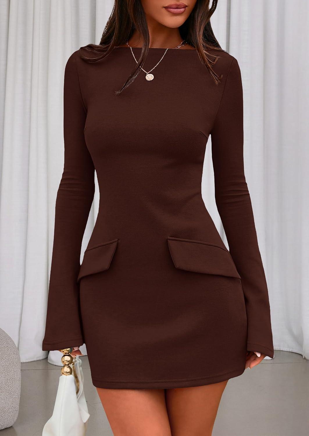imagePRETTYGARDEN Womens Fall Long Sleeve Mini Dress 2025 Trendy Boat Neck Bodycon Knit Elegant Short Party Formal DressesBrown
