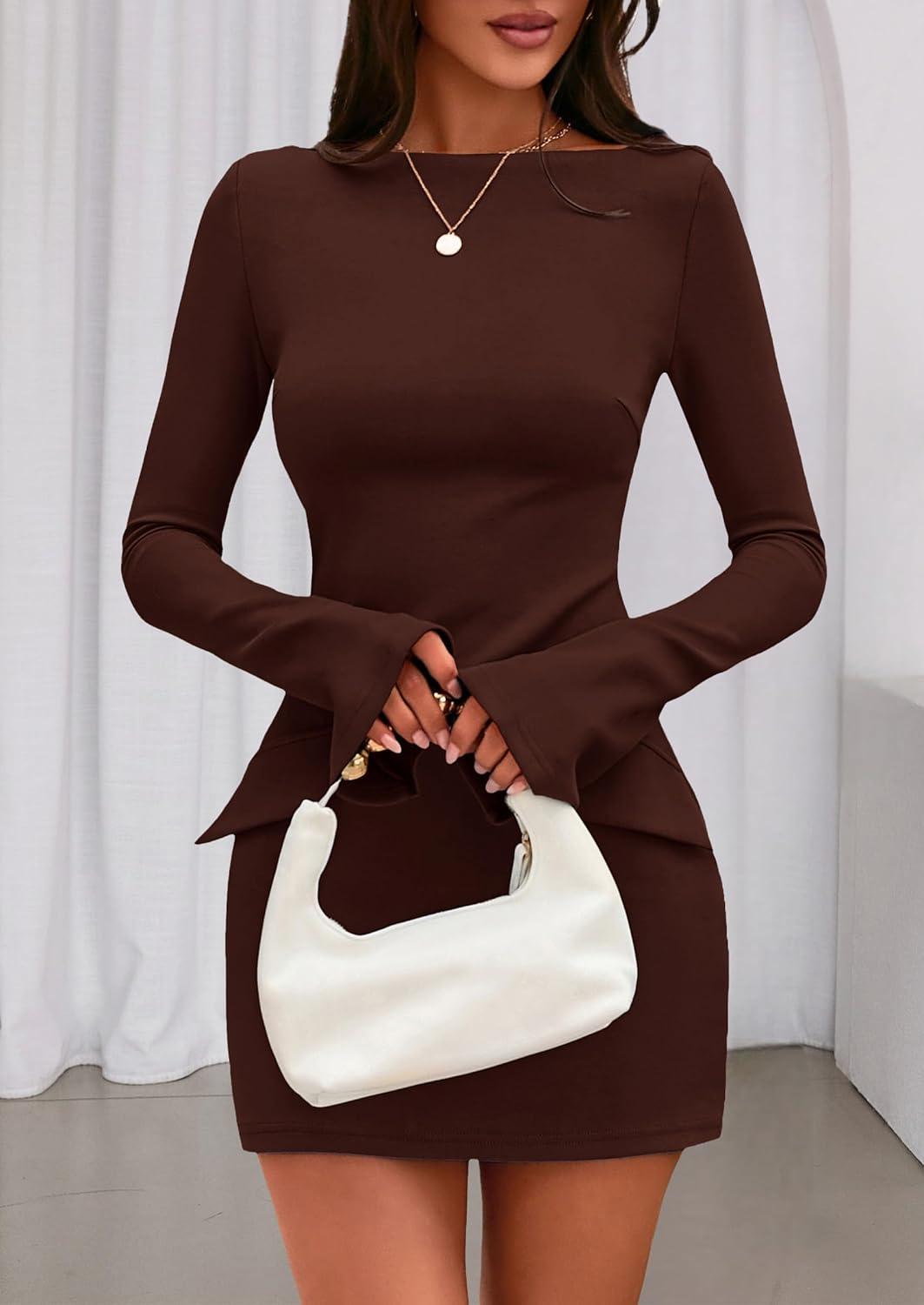 imagePRETTYGARDEN Womens Fall Long Sleeve Mini Dress 2025 Trendy Boat Neck Bodycon Knit Elegant Short Party Formal DressesBrown