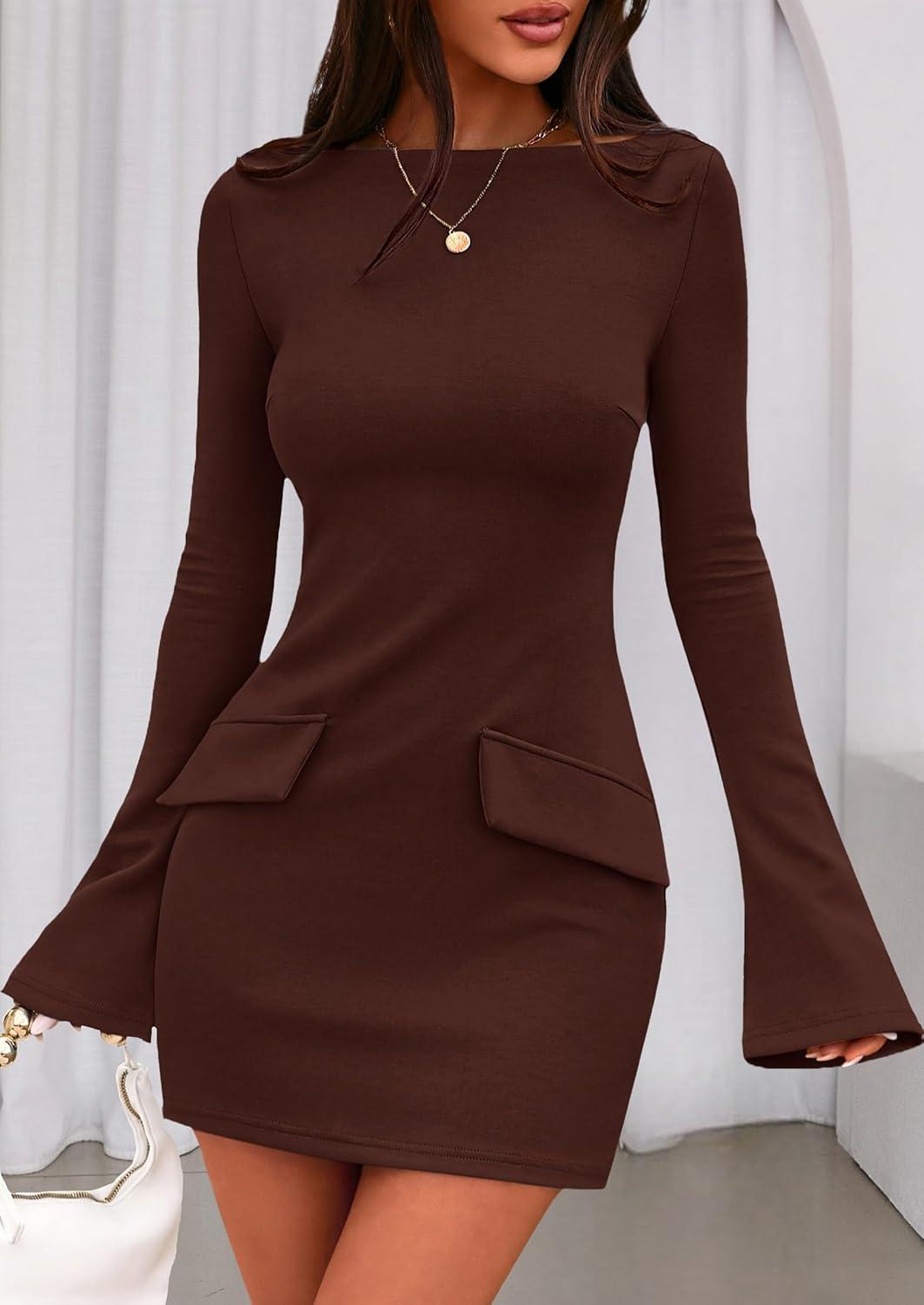 imagePRETTYGARDEN Womens Fall Long Sleeve Mini Dress 2025 Trendy Boat Neck Bodycon Knit Elegant Short Party Formal DressesBrown