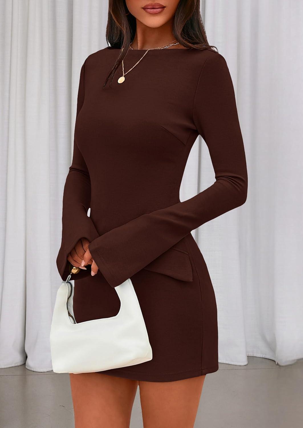 imagePRETTYGARDEN Womens Fall Long Sleeve Mini Dress 2025 Trendy Boat Neck Bodycon Knit Elegant Short Party Formal DressesBrown