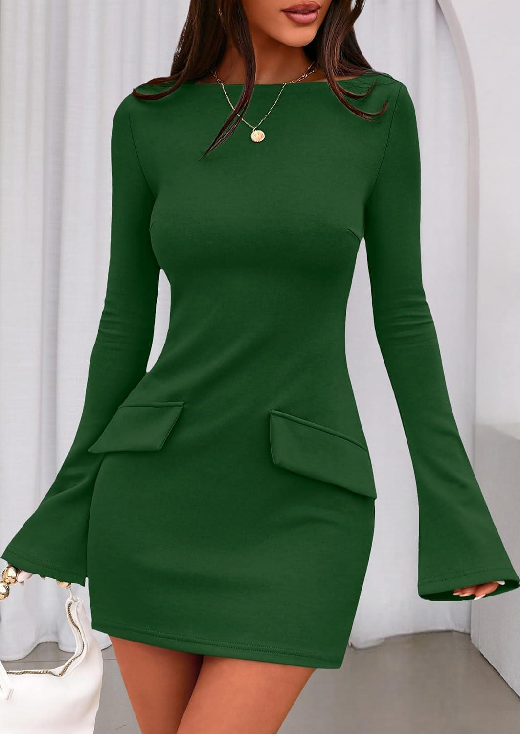 imagePRETTYGARDEN Womens Fall Long Sleeve Mini Dress 2025 Trendy Boat Neck Bodycon Knit Elegant Short Party Formal DressesGreen
