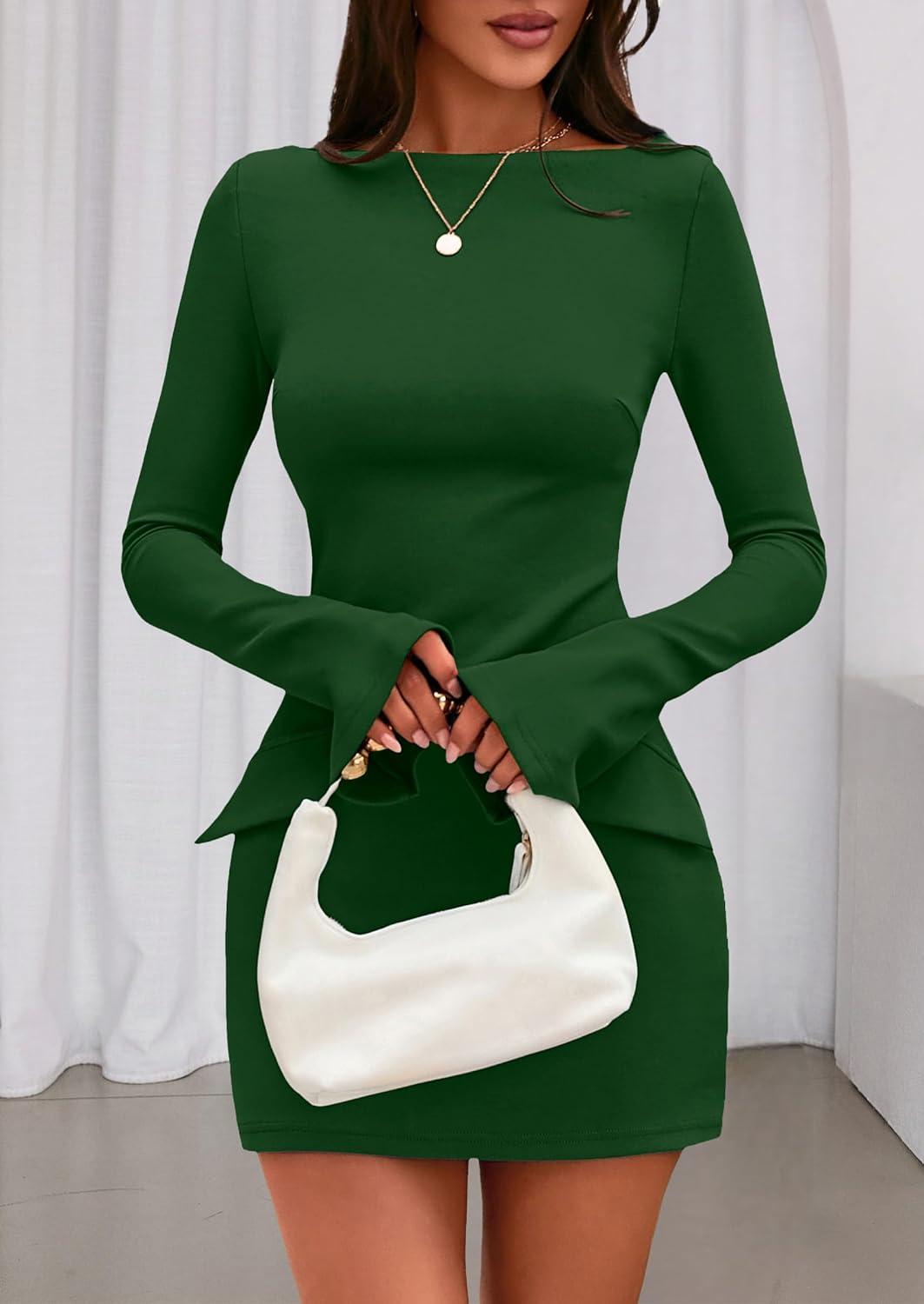 imagePRETTYGARDEN Womens Fall Long Sleeve Mini Dress 2025 Trendy Boat Neck Bodycon Knit Elegant Short Party Formal DressesGreen