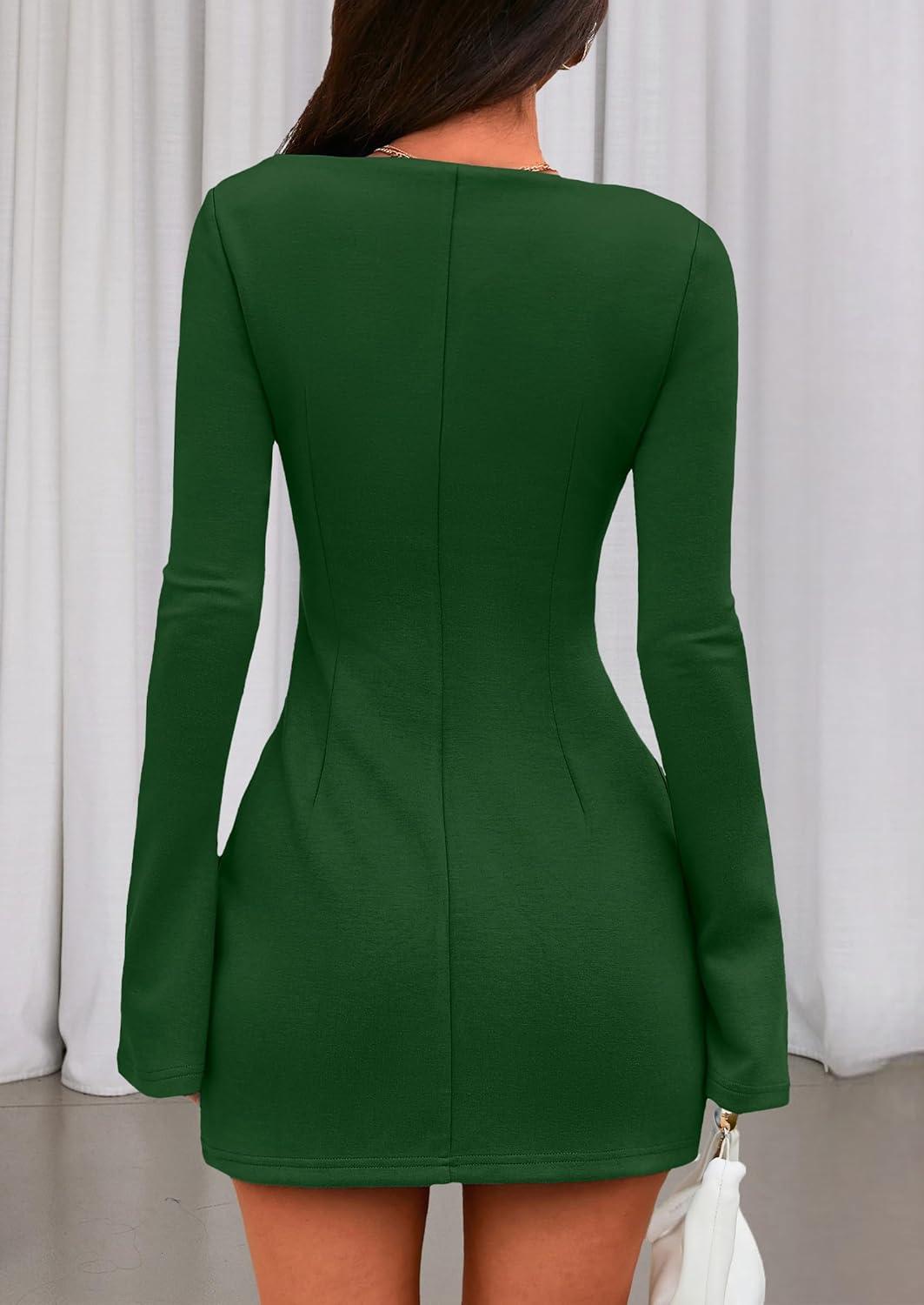 imagePRETTYGARDEN Womens Fall Long Sleeve Mini Dress 2025 Trendy Boat Neck Bodycon Knit Elegant Short Party Formal DressesGreen
