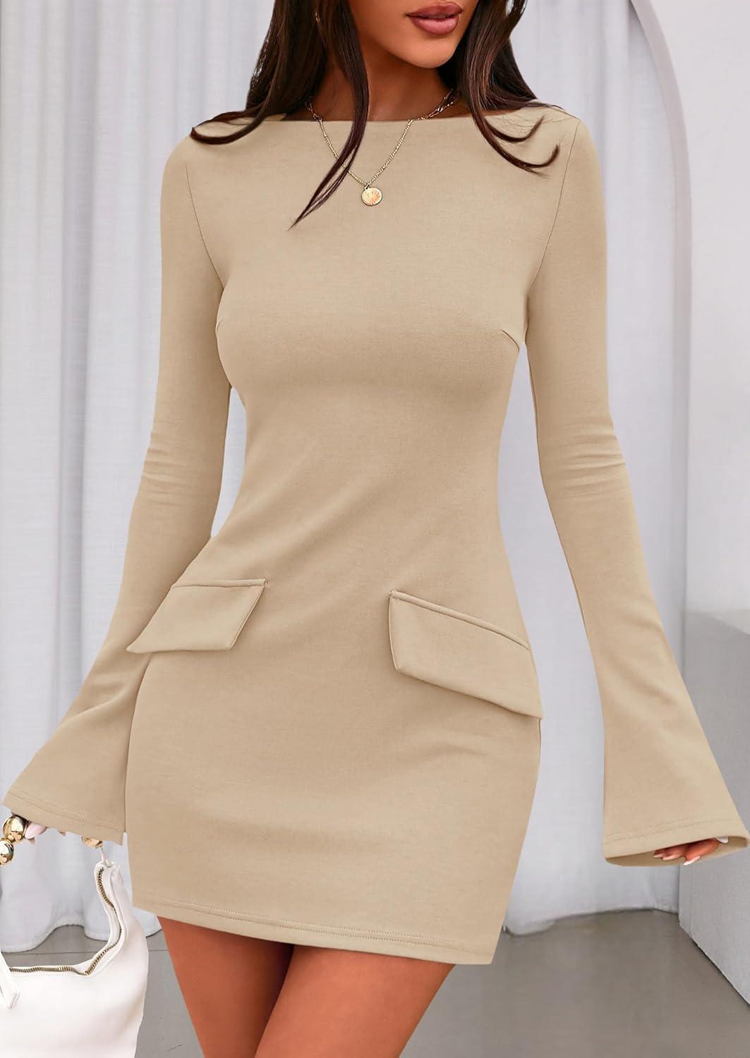 imagePRETTYGARDEN Womens Fall Long Sleeve Mini Dress 2025 Trendy Boat Neck Bodycon Knit Elegant Short Party Formal DressesKhaki