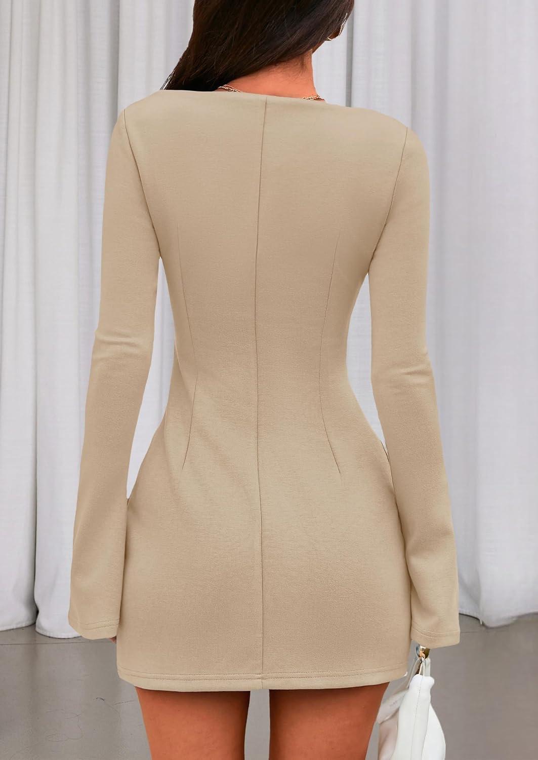 imagePRETTYGARDEN Womens Fall Long Sleeve Mini Dress 2025 Trendy Boat Neck Bodycon Knit Elegant Short Party Formal DressesKhaki
