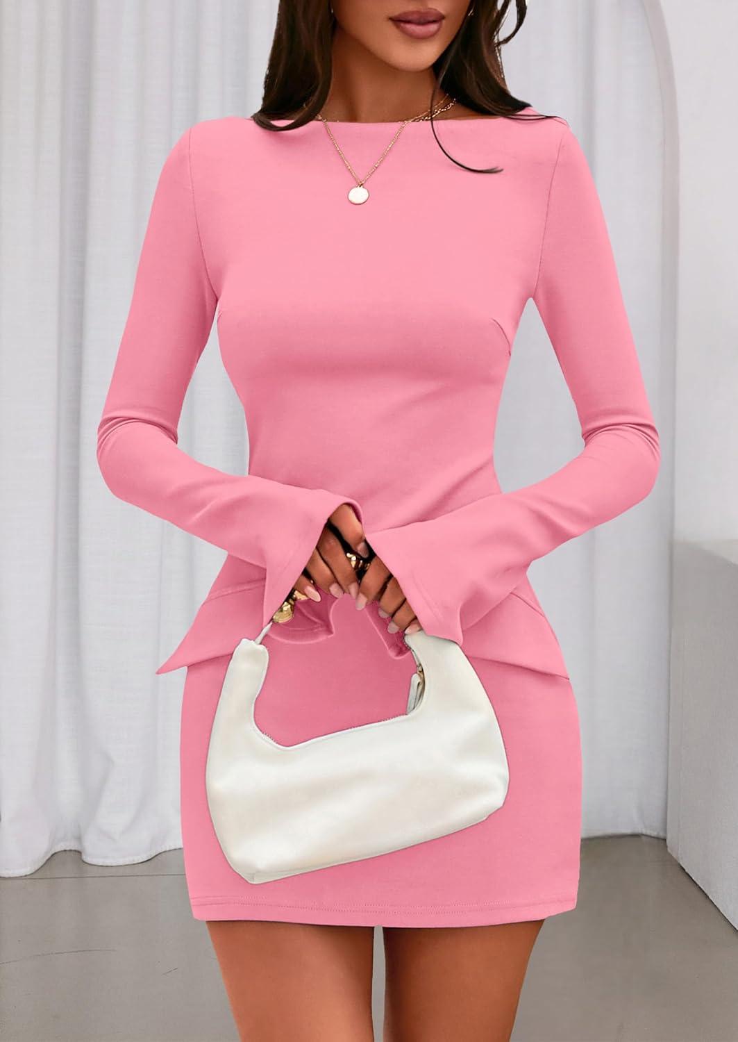 imagePRETTYGARDEN Womens Fall Long Sleeve Mini Dress 2025 Trendy Boat Neck Bodycon Knit Elegant Short Party Formal DressesPink