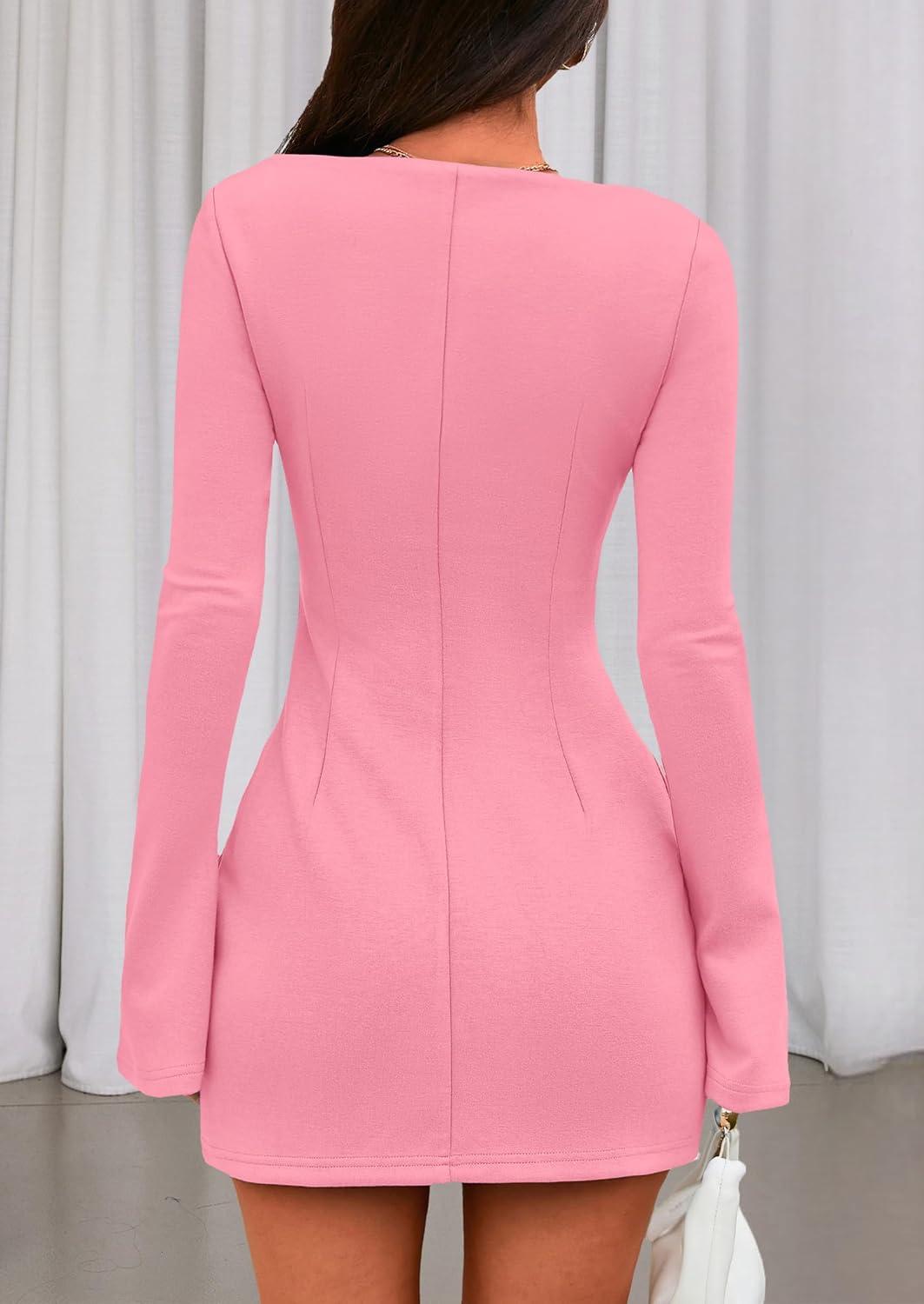 imagePRETTYGARDEN Womens Fall Long Sleeve Mini Dress 2025 Trendy Boat Neck Bodycon Knit Elegant Short Party Formal DressesPink